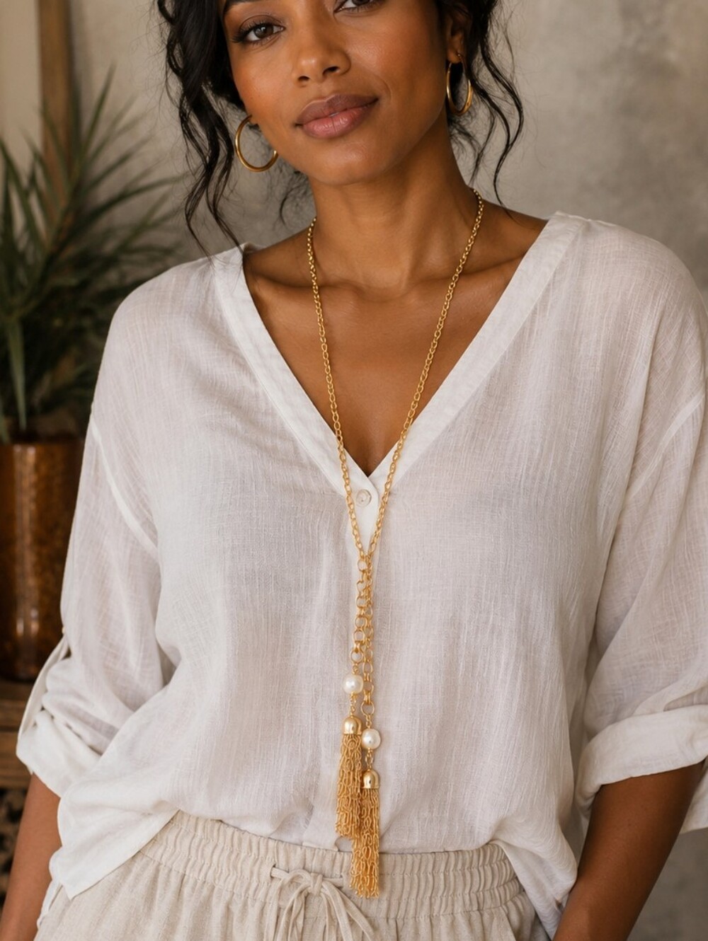 Chico's Long Gold Tassel Necklace with Faux Pearls – 25.5" Statement Jewelry